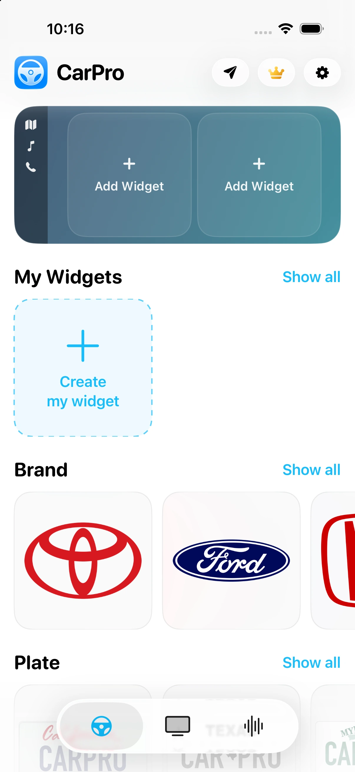 The actual CarPro app showing its widget gallery, dashboard preview, and Widgets, Video, and Sounds tabs